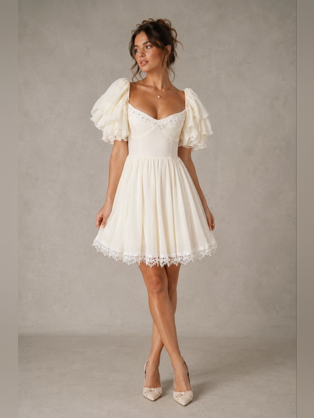 Romantic Bridal Ivory Chiffon Babydoll Dress | Cottagecore Pearl Trim Mini Dress